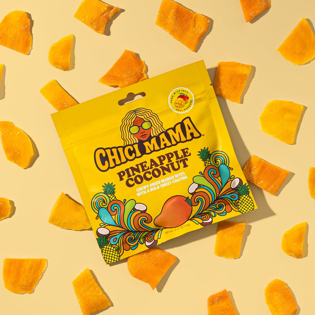 Chici Mama pineapple coconut snack package on a beige background with pineapple pieces.