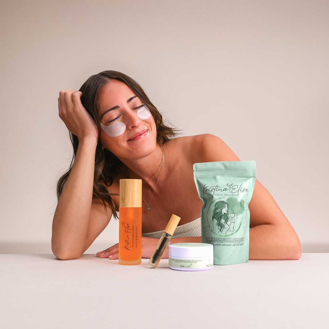 Woman with eye patches using skincare products on a neutral background
